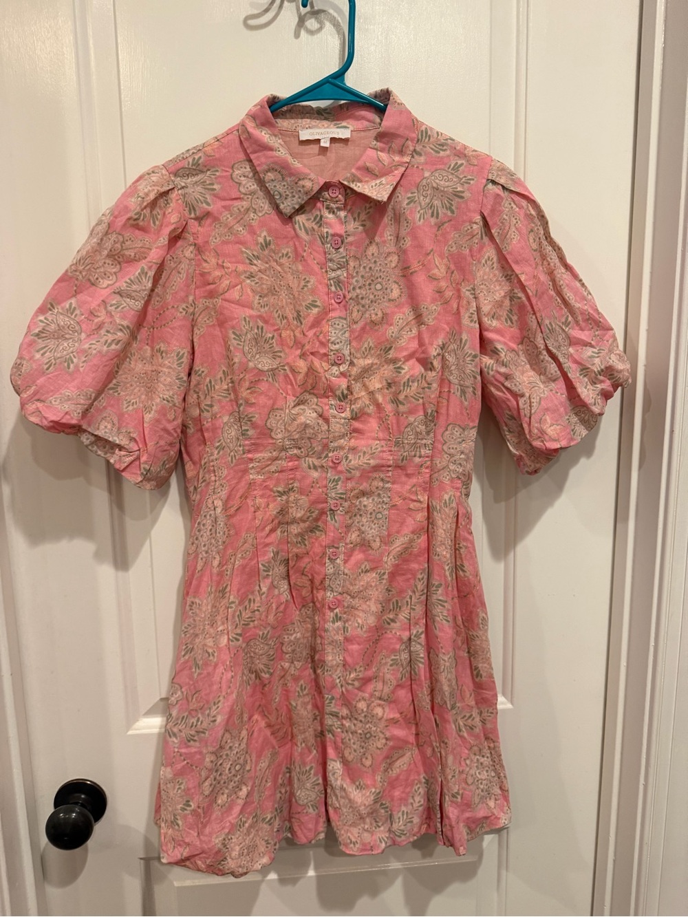 Olivaceous Pink Floral Button-Front Puff Sleeve Mini Dress